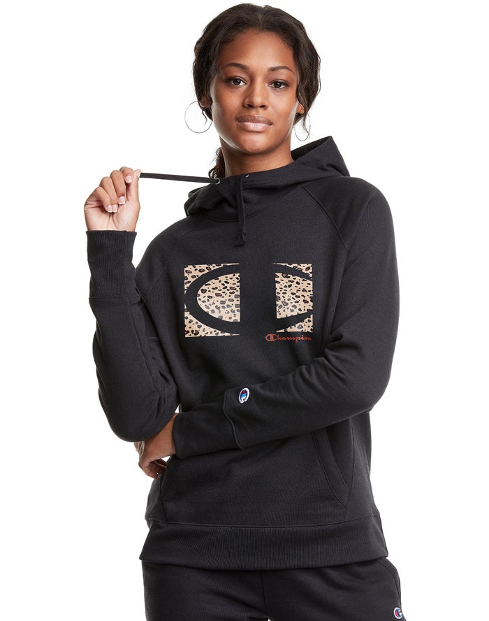 Champion Dame Hættetrøje Sort - Powerblend Fleece Leopard Colorblock Logo - Danmark QZB-536497